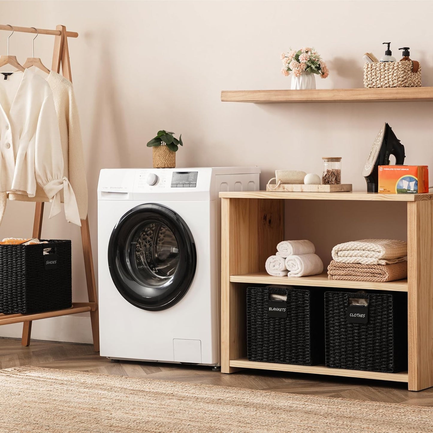 UBBCARE 4 Pack Wicker Basket, 12×12 Storage Cubes with Label, Foldable Cube Storage Bin with Handle, Square Storage Basket for Shelves, Woven Paper Rope Basket for Organizing, Black