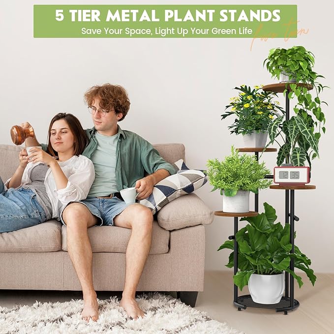 TOSKING 5 Tier Metal Plant Stand Indoor, Plant Shelf, Corner Shelf Flower Pot Stand for Outdoor Plant Stand for Living Room Balcony Garden Patio Bedroom (Black and Brown, 42in)
