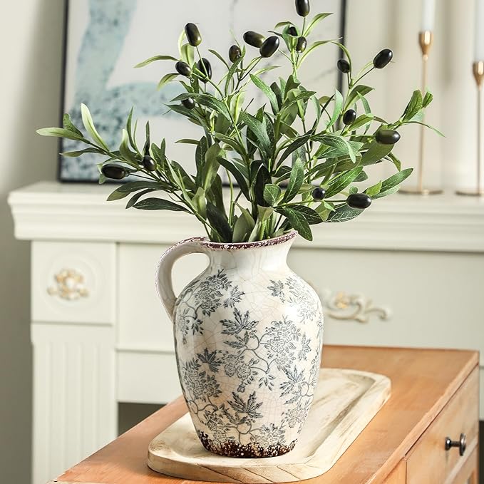 Enra Vintage vase with Handle,Blue and White Ceramic Decorative Flower vase, Chinoiserie Floral Vase,Large Rustic Vases for Home Decors, Living Room, Bookshelf, Office,9.7 inch