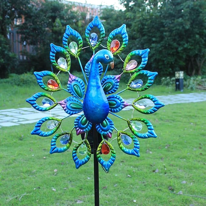 Outdoor Wind Spinner, Solar Garden Lights Metal Peacock Garden Decor,Solar Stake Lights Decorative for Patio Pathway Yard Decoration Mothers Day Ideal Gifts(Peacock Opens its Tail)