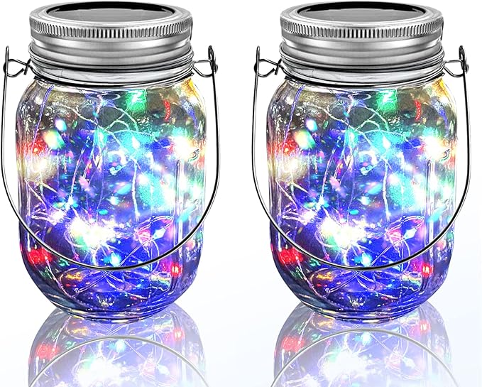 Hanging Solar Mason Jar Lights,ZQX 2 Pack 20 Led String Hanging Mason Jar Lanterns for Outdoor,Great Decor Light for Outside Patio Garden Yard Fence Wedding Table,Hangers and Jars Included(Multicolor)