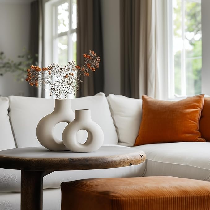 NOBULA White Ceramic Donut Vases โ Modern Home Decor for Living Room, Bedroom & Table Centerpiece - Minimalist Nordic โ Unique Vases for Olive Plant & Flowers โ Decorative Coffee Table Vase Set of 2