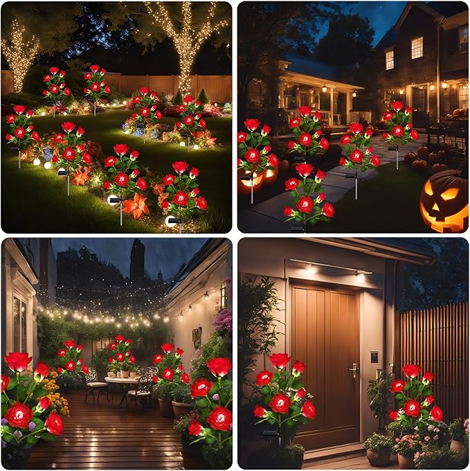 1 Pack Solar Garden Lights Outdoor, 7-Flower Rose Solar Lights for Yard, LED Solar Powered Stake Lights for Patio Pathway Lawn Fence Cemetery, Red