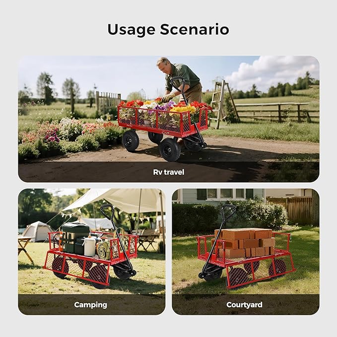 SUNNYFEEL 900 Lbs Capacity Heavy Duty Mesh Steel Garden Cart,Folding Utility Wagon with Removable Sides,10 Inch Flat Free Tires, Red