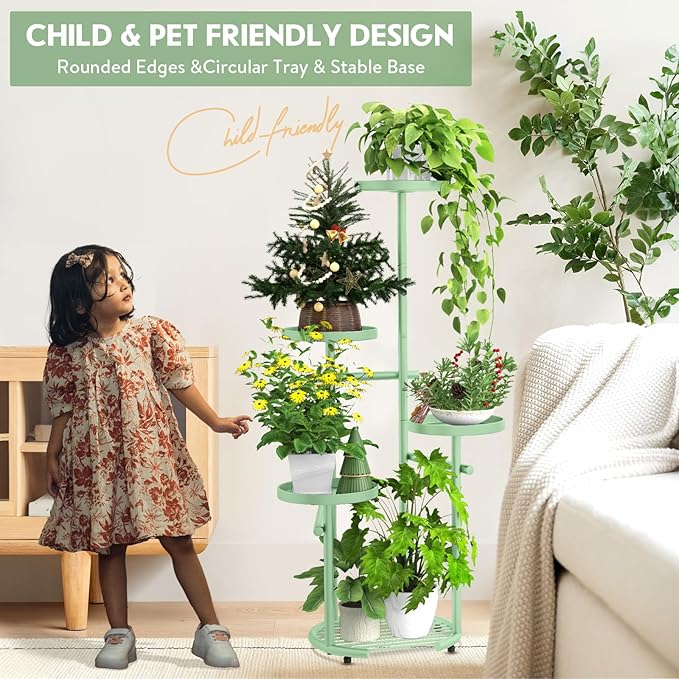 TOSKING 5 Tier Metal Plant Stand Indoor, Plant Shelf, Corner Shelf Flower Pot Stand for Outdoor Plant Stand for Living Room Balcony Garden Patio Bedroom (Green, 42inches)