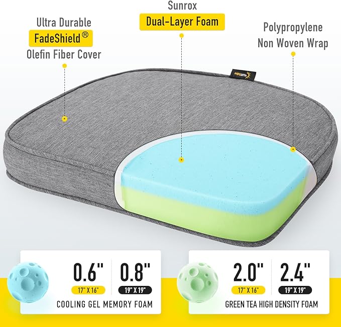 SUNROX Gel Memory Foam Chair Cushions, FadeShield Water-, Stain-Resistant Durable Reversible Seat Cushion Pads with Ties for Indoor/Outdoor Kitchen Dining Office, 19"x19", Set of 4, Heather Charcoal