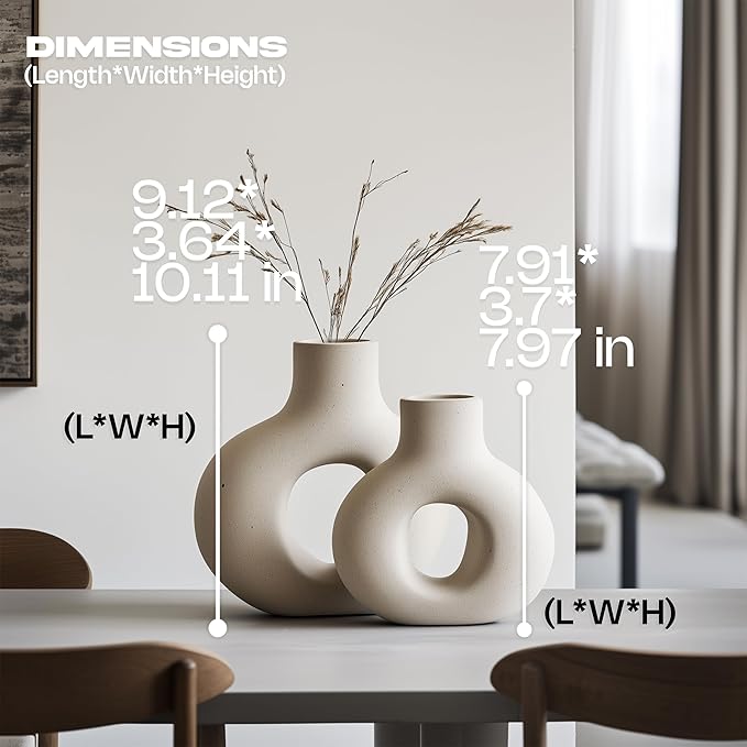 NOBULA White Ceramic Donut Vases โ Modern Home Decor for Living Room, Bedroom & Table Centerpiece - Minimalist Nordic โ Unique Vases for Olive Plant & Flowers โ Decorative Coffee Table Vase Set of 2