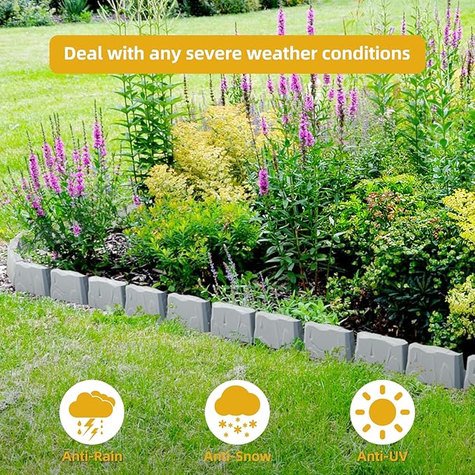 16 Pack(24FT) Landscape Edging w/ 48 Spikes | Flexible Plastic Border for Outdoor, Walkway, Lawn & Weed Control | 24" L x 3" H Faux Stone Edging for Landscaping,Garden Edging Border Stone(Gray) 