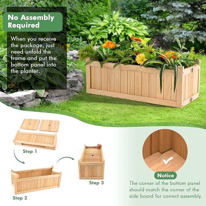 S AFSTAR Outdoor Wooden Planter Box, Folding Raised Garden Bed W/Drainage Hole, Patio Rectangle Plant Container for Flowers Vegetables Fruits Herbs, Collapsible Planting Box for Yard