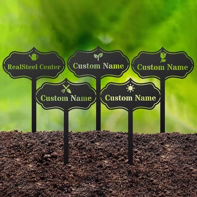 RealSteel โ Customizable Seed & Plant Markers - Outdoor Herb Garden Stakes - Elegant Fruit/Vegetable Labels - Steel Plant Tags for Pots - Classy Design for Farmhouse/Greenhouse โ Sprout Icon