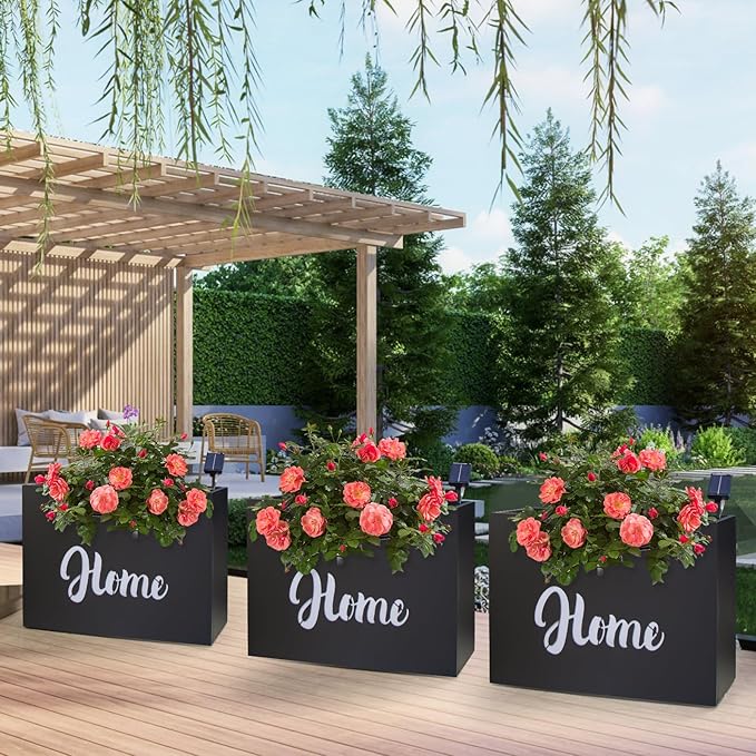 Metal LED Planter Box Rectangular Block - Galvanized Steel Long Planters Box with Solar Light Outdoor All-Weather Use with Drainage Holes for Cafe Bar Mall Patio/Porch/Entrance, 35.5×24×12IN(Home)