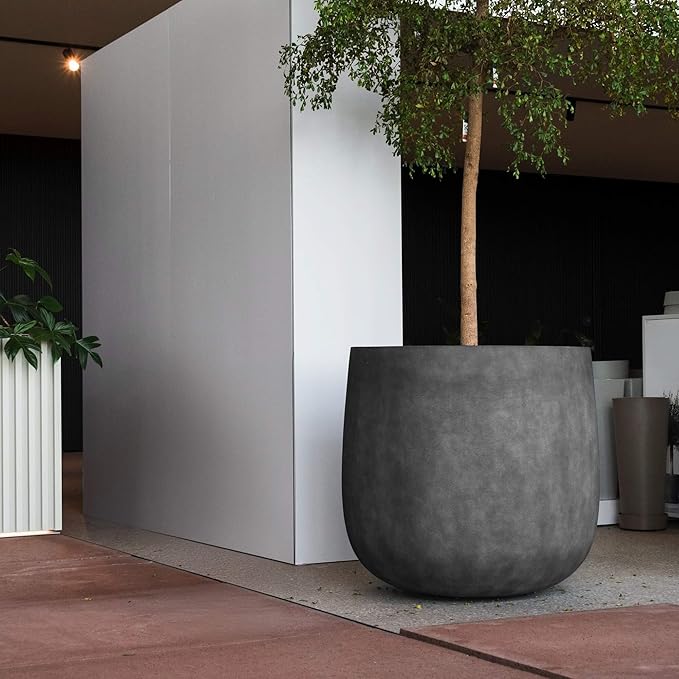 Mondo Large Planter – Grey Stone Finish – Fiberglass Indoor/Outdoor and Weather-Resistant Round Planter (26" D x 24.6" H Exterior, 24.6" D x 24" H Interior)