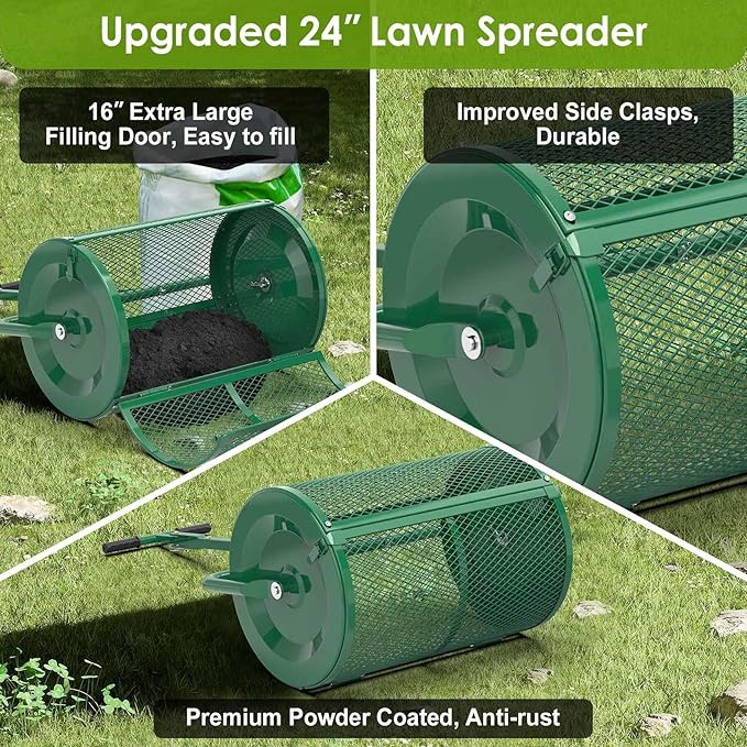 Seeutek Compost Spreader - 24" Peat Moss Spreader with 3 Heights, Top Soil Spreader W/Upgraded Side Latches Support Rod Powder Coated Metal Mesh Top Dressing Spreader for Lawn, 2 Way Uses-Push or Tow