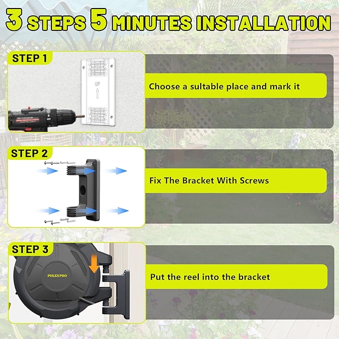 Retractable Garden Hose Reel 160Ft Extra Long, PHLEX PRO Heavy Duty Automatic Water Hose Reel Wall Mounted with 10 Pattern Nozzle, Any Length Lock, Slow Return System, 180ยฐSwivel Bracket