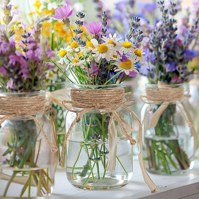 Vintage Glass Flower Vase,6 Pack FarmhouseTransparent White Glass Centerpiece Vases Mason Jars for Weddings, Parties & Home Decor Bulk (6, Transparent)