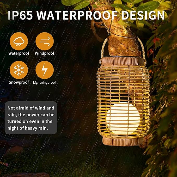 Solar Lantern Outdoor Waterproof,Large Natura Rattan Solar Lantern Hanging with Handle, Solar Powered Decorative Table Lamp for Gardens ,Patio,Yard,Porch,Trees,Lawn,Pathway Home Decoration,12Inch