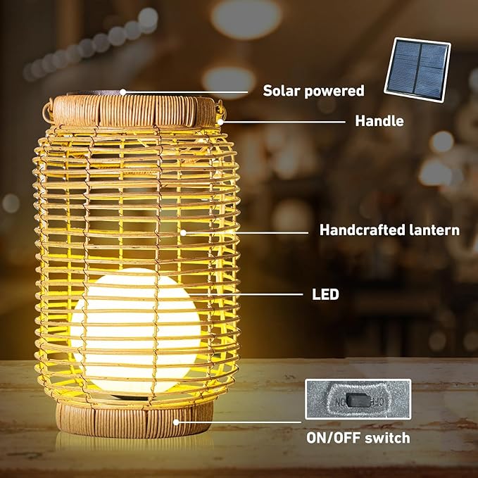Solar Lantern Outdoor Waterproof,Large Natura Rattan Solar Lantern Hanging with Handle, Solar Powered Decorative Table Lamp for Gardens ,Patio,Yard,Porch,Trees,Lawn,Pathway Home Decoration,12Inch