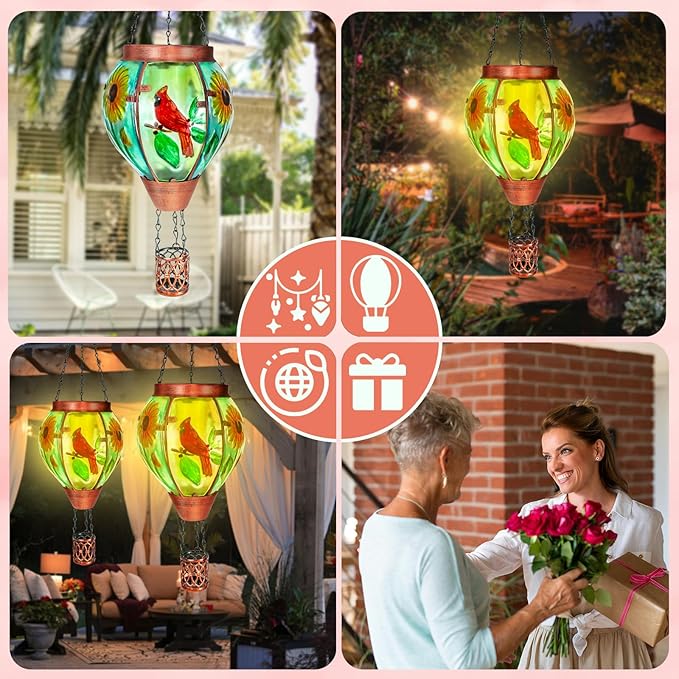 Solar Hot Air Balloon Lantern with Flame, Cardinal Glass Solar Hanging Lights Outdoor Yard Patio Farmhouse Decoration, Cardinal Gifts for Women Grandma Mom - Cardinal