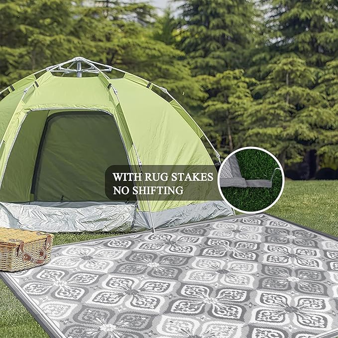 Pauwer Waterproof Outdoor Rug 9x12, Reversible Plastic Straw Patio Camping Rug, Indoor Outdoor RV Mat Carpet for Deck, Camper, Porch, Balcony, Backyard, Picnic, Clover Grey