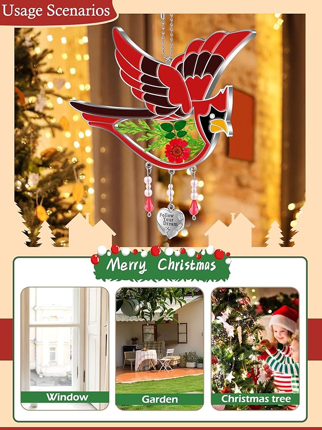 KY&BOSAM Follow Your Dream Cardinal Suncatcher Glass Panels Suncatchers Pressed Real Flower Wings in Glass Suncatchers Birthday Mother`s Day Ornament for Windows with Heart Charm