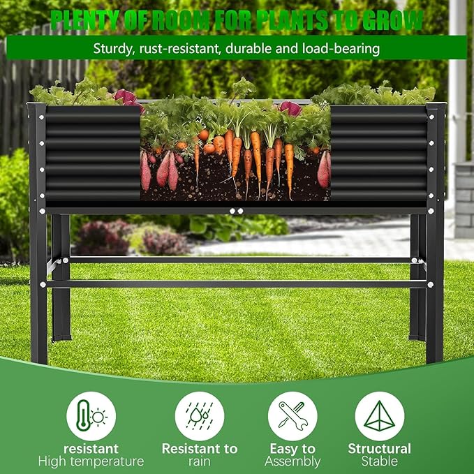 Raised Garden Bed with Legs, 48×24×32in Large Metal Elevated Raised Planter Box,600lb Capacity with Drainage Holes for Vegetables Lawn Green Flowers, Fruits, Terrace