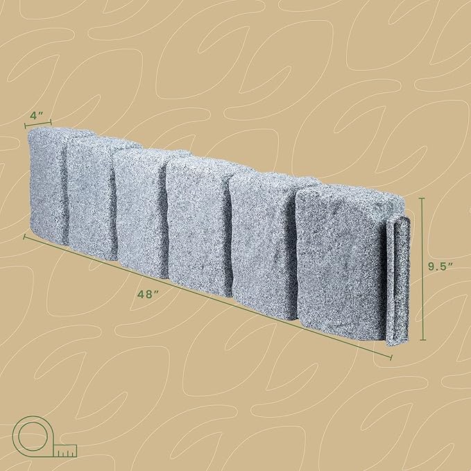 Beuta Landscape Edging | Garden Edging Border | Faux Stone Block XL for Lawn Edging, Flower Beds & Yard Edging – 1 Pack | Each Section Has 6 Blocks 48" L x 4" W x 9.5" H | 3 Spikes | Greystone
