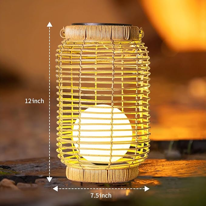 Solar Lantern Outdoor Waterproof,Large Natura Rattan Solar Lantern Hanging with Handle, Solar Powered Decorative Table Lamp for Gardens ,Patio,Yard,Porch,Trees,Lawn,Pathway Home Decoration,12Inch