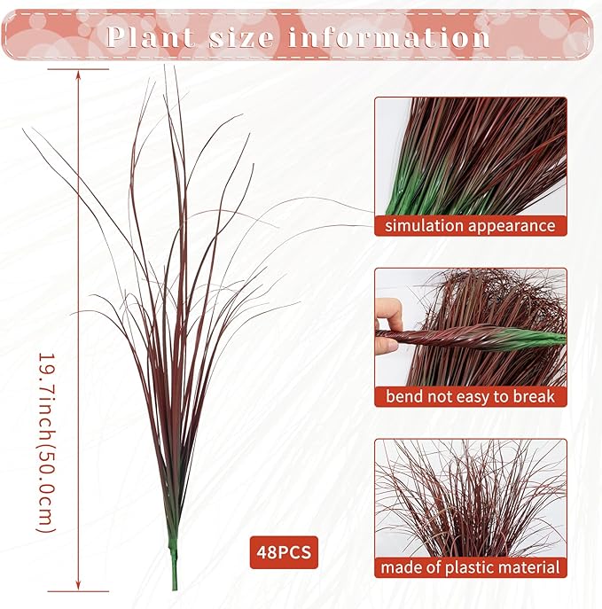 48Pcs Artificial Grass Plants, Faux Shrubs Wheat Grass, Artificial Tall Grasses Fake Plants for Outdoor Decor,Artificial Greenery Stems Weed for Room Indoor Home Decor(Red)