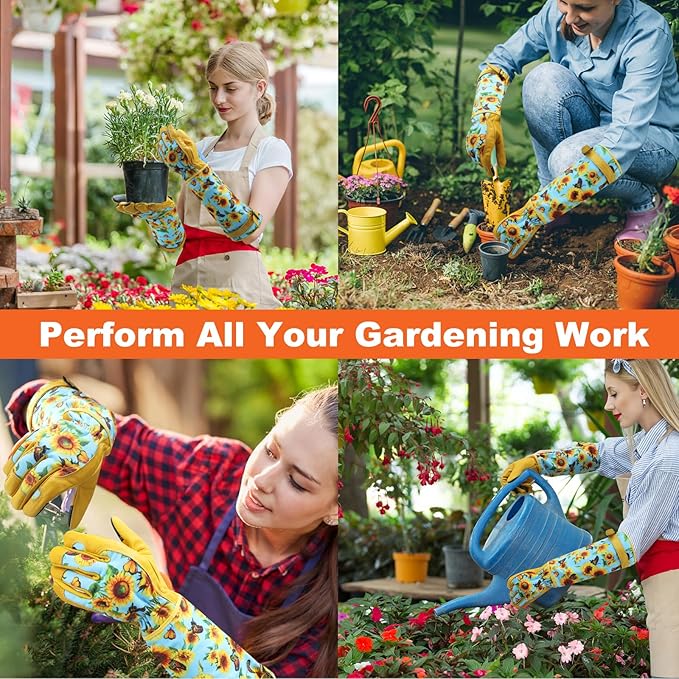 DLY Gardening Gloves for Women, Rose Gloves Gardening Thorn Proof, Long Garden Gloves for Women, Breathable Cowhide Leather Gauntlet (Large, Blue)