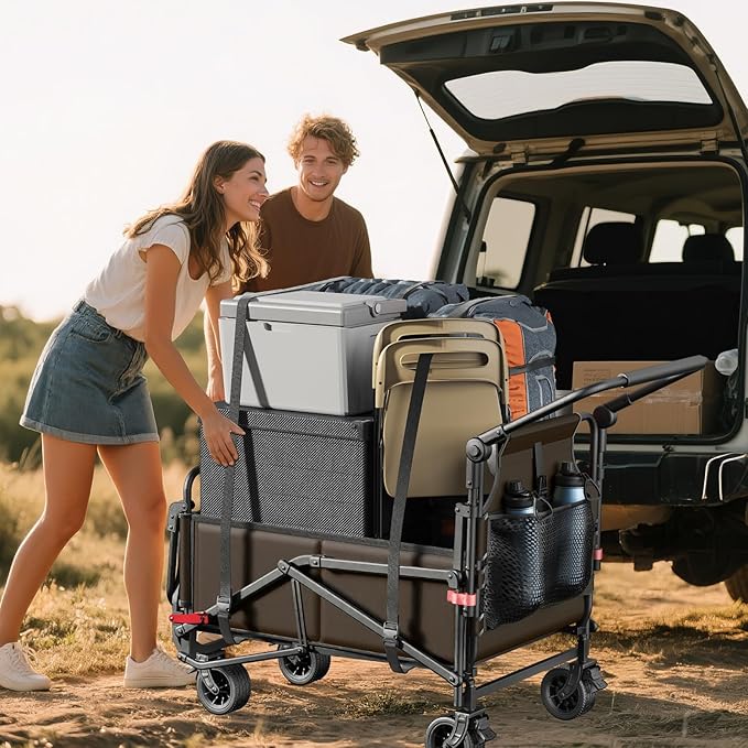 LEVELEVE Heavy Duty Folding Wagon - 2-in-1 Collapsible Cart, 400lb Capacity, All-Terrain Wheels w/Brakes & Side Pockets (Brown)