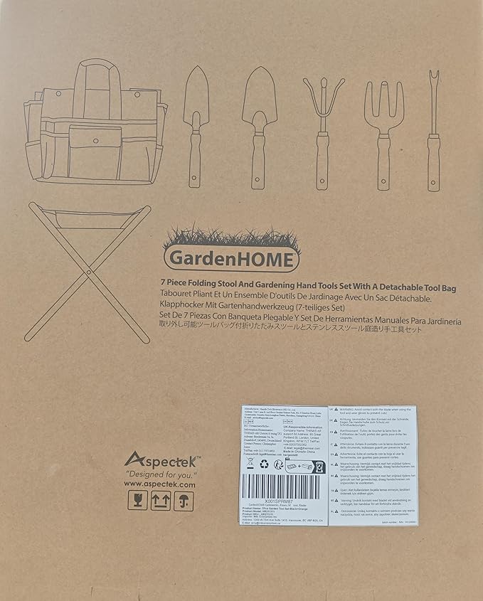 Gardening Tool Set, Stainless Steel 7-Piece Gardening Tools with Heavy-Duty Folding Stool and Detachable Canvas Tote Bag, Black and Orange, Ideal Gardening Gifts for Women and Men
