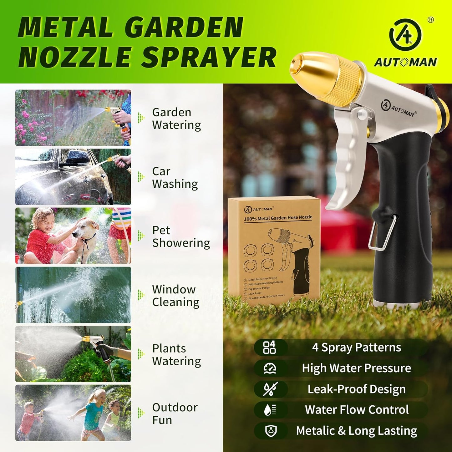 AUTOMAN Metal Hose Nozzle, High Pressure Garden Hose Sprayer, 100% Metal Water Hose Nozzle, Adjustable Watering Nozzle, Heavy Duty Garden Nozzle for Watering Plants & Lawns, Washing Cars & Pets