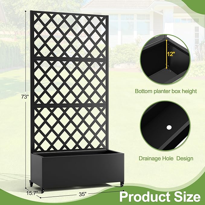 Metal Planter Trellis Box with Wheels & Drain Plug Outdoor Raised Garden Bed Patio Privacy Screen with Planter for Climbing Plants, Vegetables 73"x35"x16" Black-Diamond