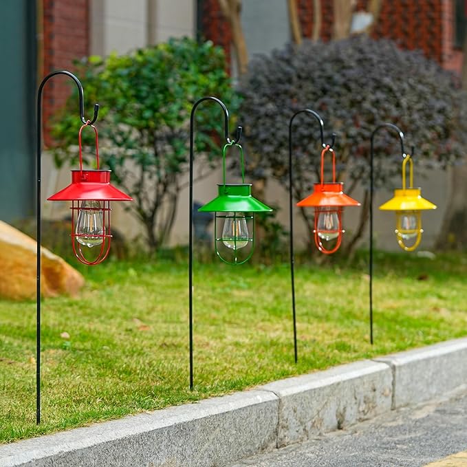 Solar Lantern with Shepherd Hook, Solar Lights Lantern lamp, Outdoor Lights Decor, Water Resistant Edison Bulb Lights for Garden Decor ,Outside Decor for Pathways,Patio, Lawn or Yard (Red,2 Pack)