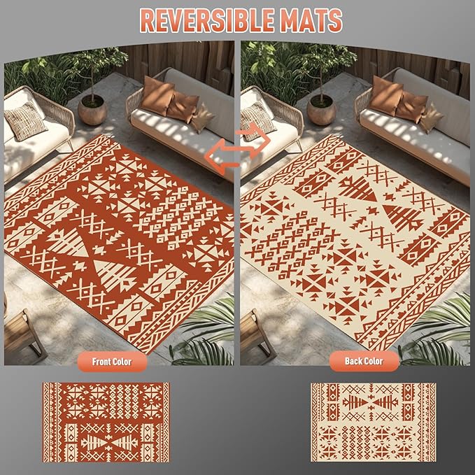 WILDROOTS 6x9 Feet Plastic Exotic Red Outdoor Rug, Stain Resistant Waterproof Reversible Outdoor Patio Rug, Fade Resistant Camping Rug
