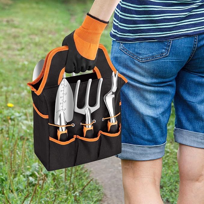 sungwoo Garden Tool Set 8 Piece, Heavy Duty and Lightweight Aluminium Alloy Tools with Non-Slip Ergonomic Handle, Storage Tote Bag, Gardening Hand Tools, for Women and Men Orange