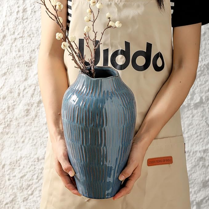 Blue Ceramic Vase for Home Decor,11.6 Inch Flower Vase,Decorative Vases for Pampas Grass,Modern Art Texture Vases for Home Entryway Living Room Dining Table Farmhouse Office Decor-Blue