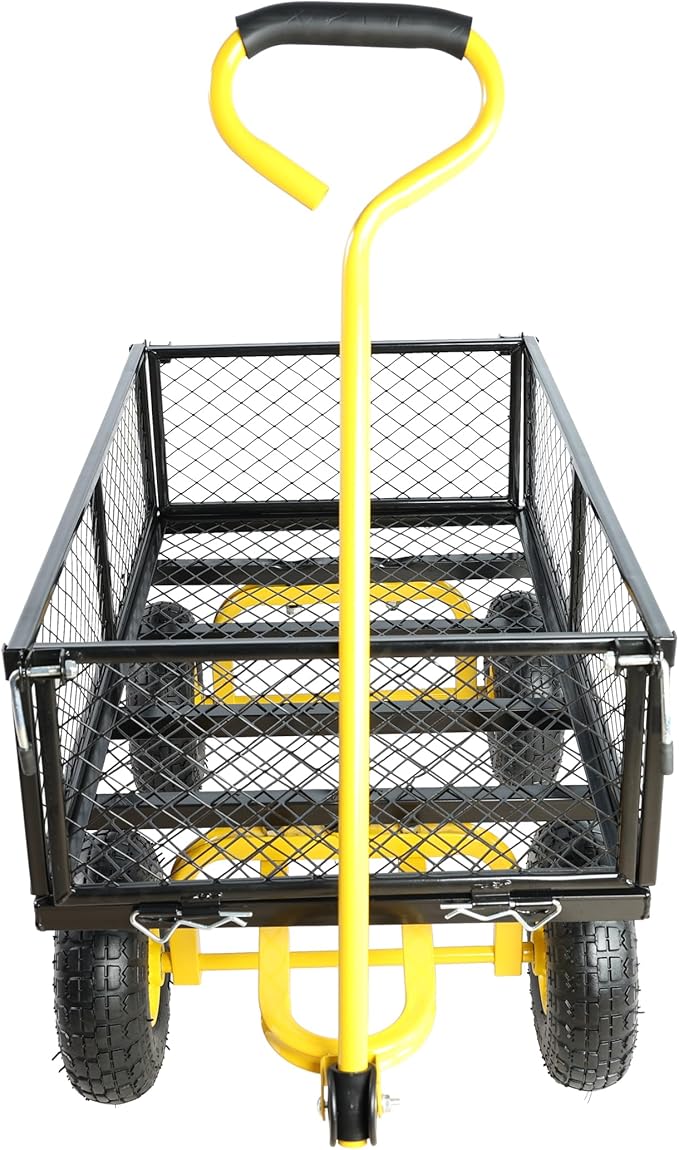 Wagon Removable Sides - Farm, Warehouse, Yard Dump Cart - Yellow+Black Air Wheels