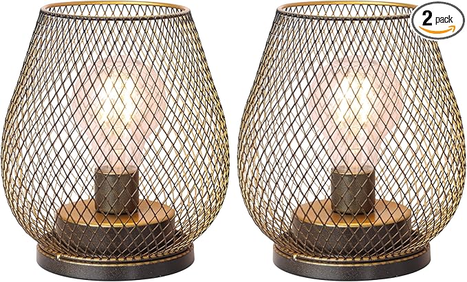 DECORKEY Set of 2 Battery Operated Lamp LED Table Lantern, Golden Metal Cage Cordless Lamps with LED Bulb,Vintage Decorative Outdoor Lantern for Weddings, Parties, Patio, Events for Indoor Shelf Decor