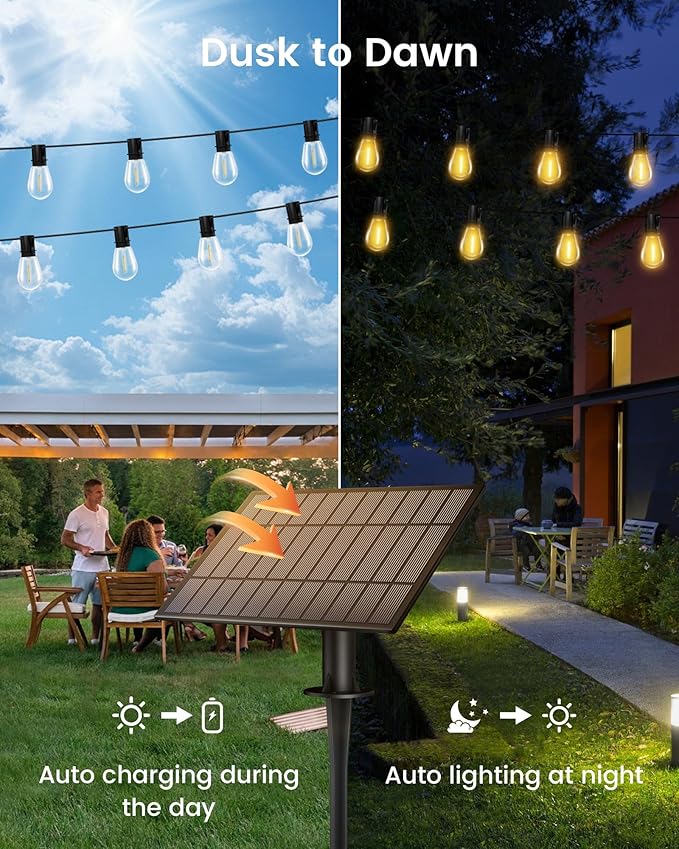 Torkase 50FT Solar Patio Lights Outdoor 15+1 Shatterproof LED Bulbs USB Rechargeable Waterproof Remote Control for Garden Porch Deck Camping