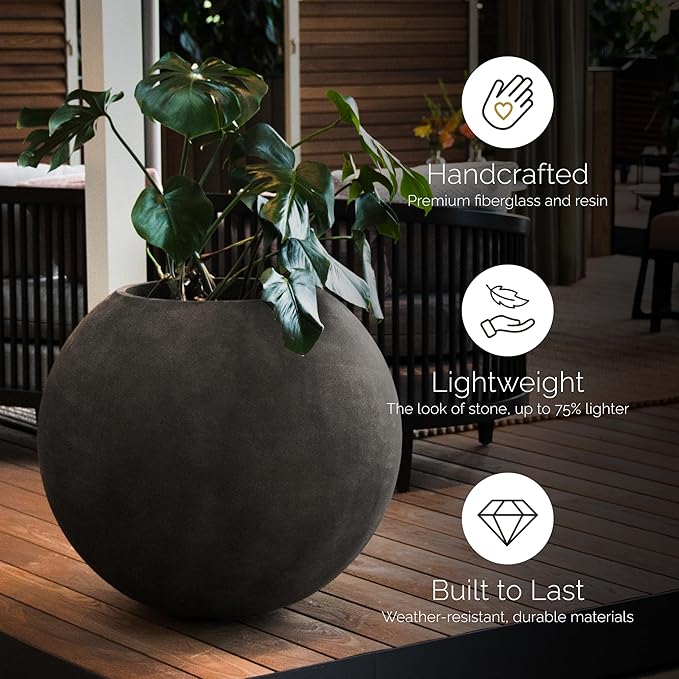 Orbo Large Planter – Fiberglass Indoor/Outdoor and Weather-Resistant Globe Planter (Sand Stone, 35.4" D x 31.3" H)