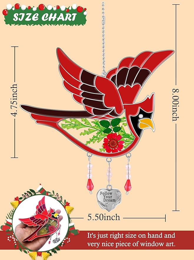 KY&BOSAM Follow Your Dream Cardinal Suncatcher Glass Panels Suncatchers Pressed Real Flower Wings in Glass Suncatchers Birthday Mother`s Day Ornament for Windows with Heart Charm