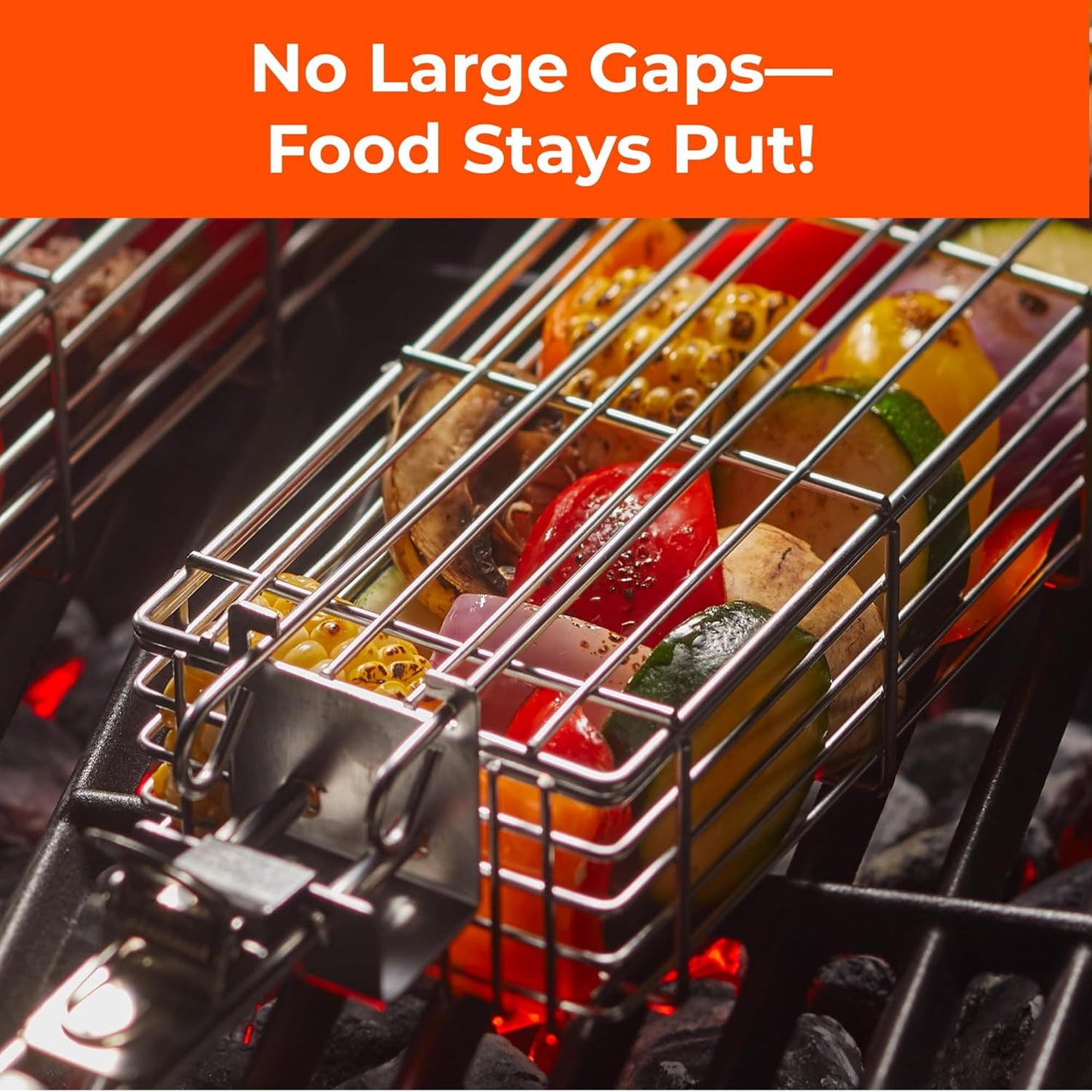 Large Grilling Basket Set – 3 Stainless Steel Kabob Baskets with Removable Handle & Scrubber Sponge – Heavy-Duty Grill Accessory for Veggies, Meat & More