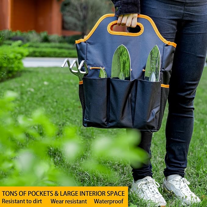 ESOW Garden Tool Set 7 PCS, Includes Cast-Aluminum Heavy Duty Hand Trowel, Transplant Trowel, Hand Rake, SK-5 Steel Gardening Scissor, Plant Tie, Bag & Gloves, Tool Kit Gifts