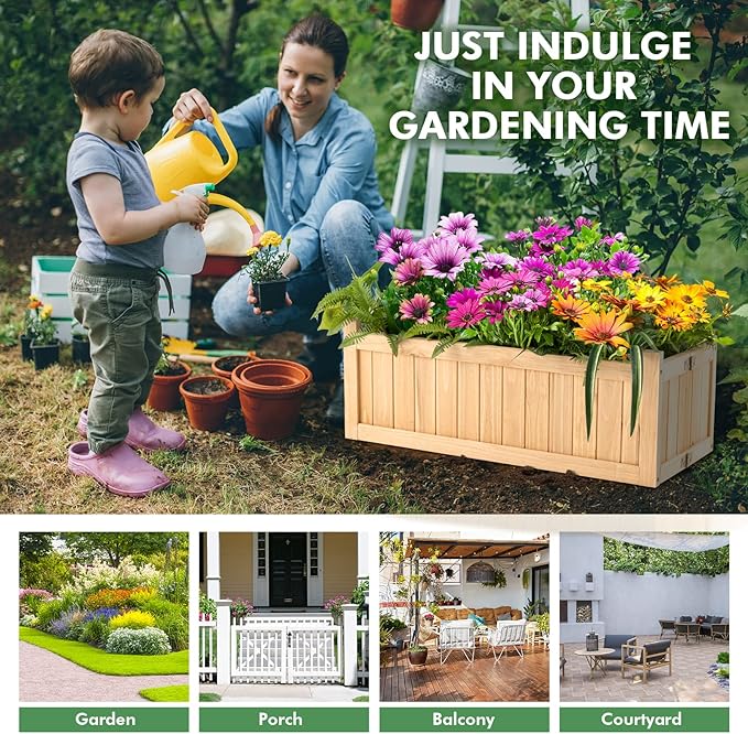 S AFSTAR Outdoor Wooden Planter Box, Folding Raised Garden Bed W/Drainage Hole, Patio Rectangle Plant Container for Flowers Vegetables Fruits Herbs, Collapsible Planting Box for Yard