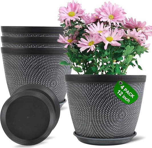 Quarut Large 12 Inch Plant Pot for Plants Outdoor Indoor, 4 Pack Plastic Flower Pots with Drainage Hole & Saucer, Modern Decorative Garden Pot with Saucer, Plant Container for House(Gray)