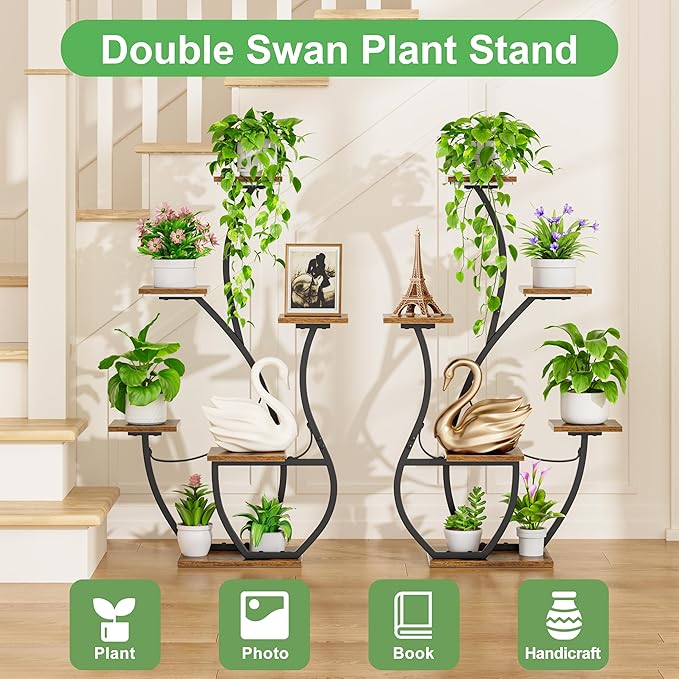 Plant Stand Indoor with Grow Lights - 2 Pack Indoor Plant Shelf, 6 Tiered Corner Plant Stands for Indoor Plants, Swan-Shaped Plant Holder, Metal Flower Display Rack for Living Room, Patio Decor(Black)