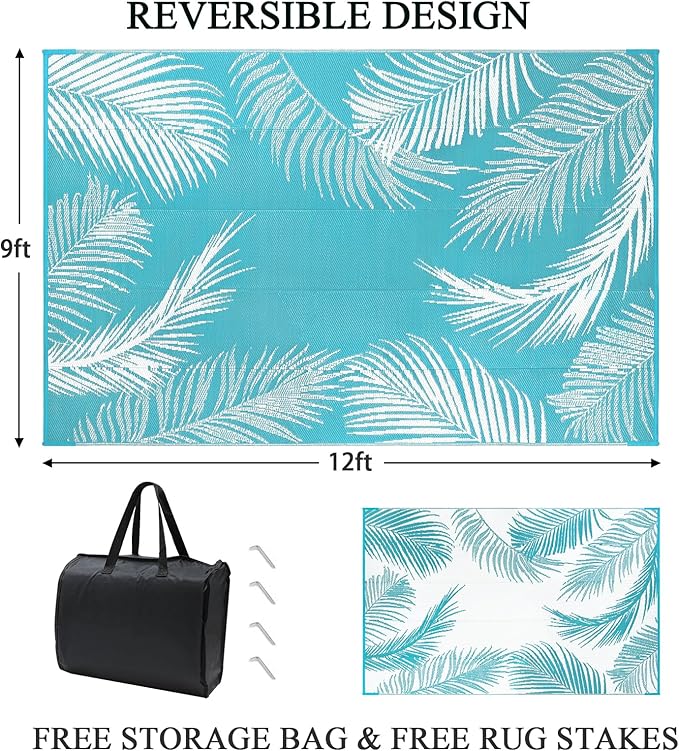 Pauwer Waterproof Outdoor Rug 9x12, Reversible Plastic Straw Patio Camping Rug, Indoor Outdoor RV Mat Carpet for Deck, Camper, Porch, Balcony, Backyard, Picnic, Leaf Teal