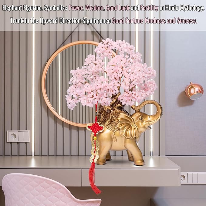Rose Quartz Crystal Money Tree on Gold Elephant Statue, 17”Large Gemstone Bonsai Tree of Life Home Décor Gifts for Wealth Positive Energy, Feng Shui Décor