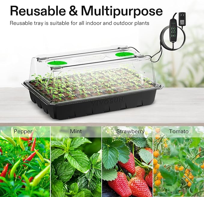 VIVOSUN 6-Pack Seed Starter Trays, 240-Cell Seed Starter Kit with 2 Set of LED Lights, 3.6" Higher Cover, Adjustable Vents, Drainage Holes, Green Propagation Tray for Planting Seed, 40 Cells x 6 Packs